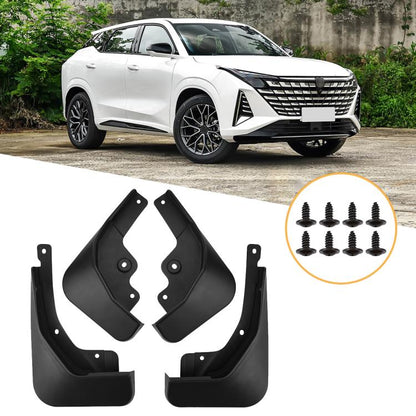 Black wheel splash flap set, 4-piece, with mounting holes and screws