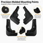 Black molded wheel splash flaps with round mounting holes and curved edge