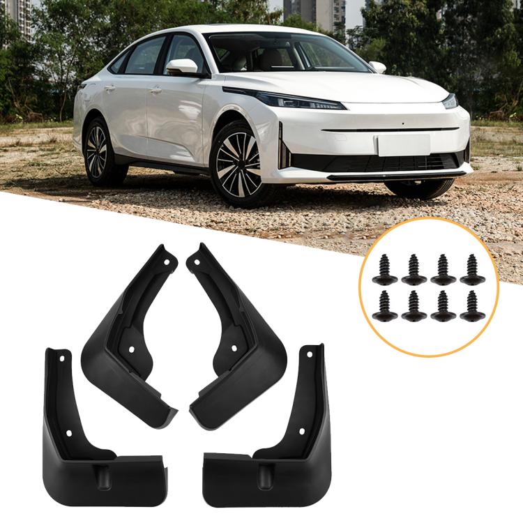 Black car wheel splash flap fender guards, front set with mounting screws shown.