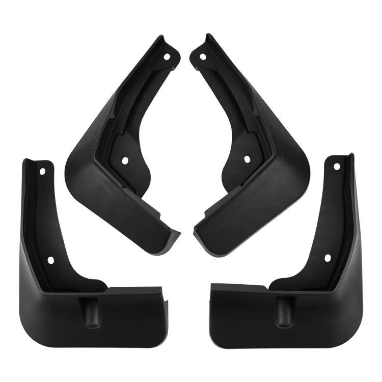 Set of four black splash flap fender guards with screw holes and molded fit tabs.