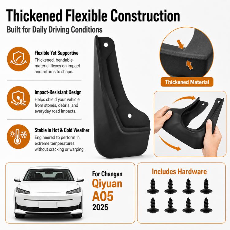 Black flexible splash flap fender guard with mounting holes and hardware illustration.