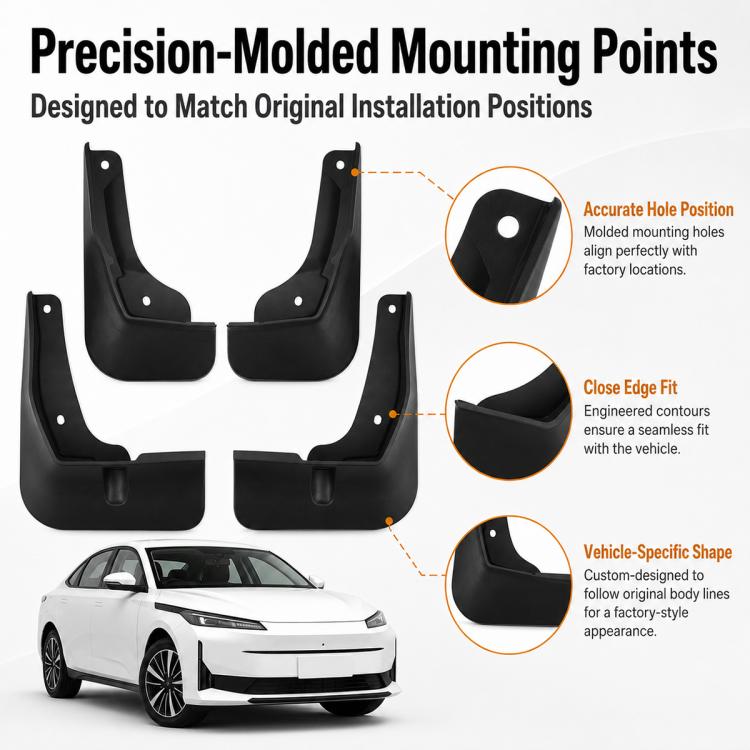 Black molded splash flap fender guards with precise mounting points and tabs.