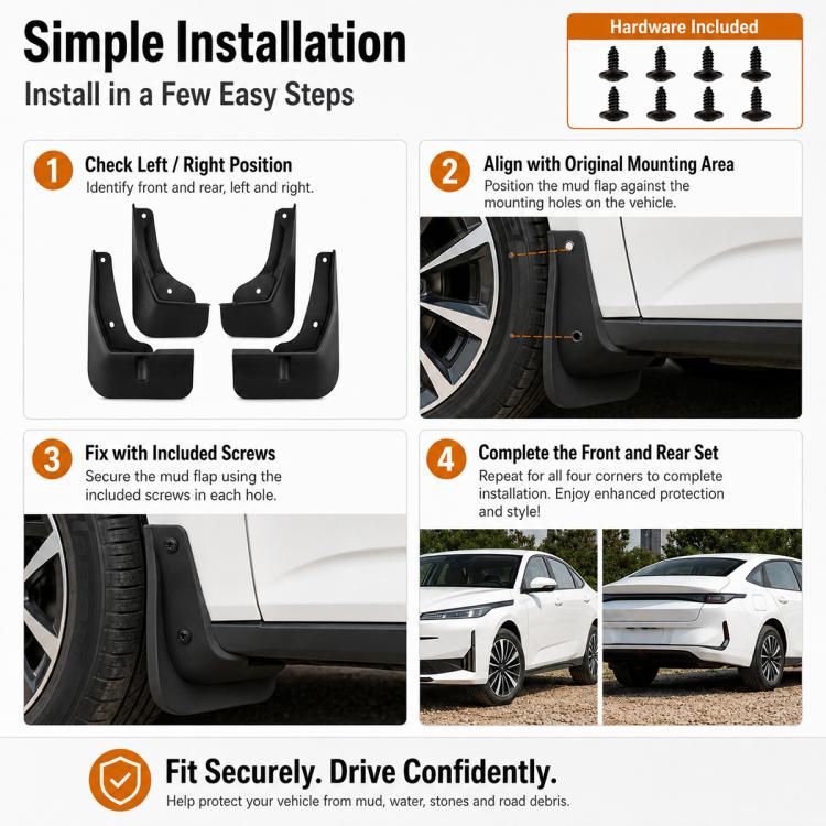 Black splash flap fender guards with included screws, showing simple step installation.