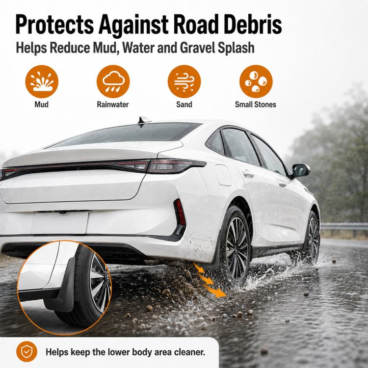 Black rear wheel splash flap fender guard protecting against mud and water spray.