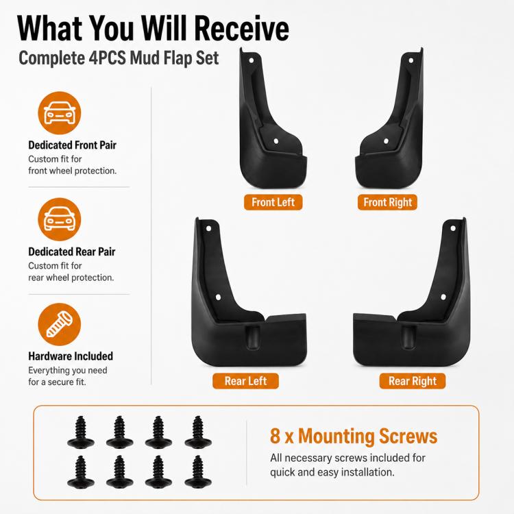 Four-piece black mud flap set with front and rear left/right guards and screws.