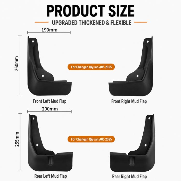 Black splash flap fender guards with product size diagram for front and rear pieces.
