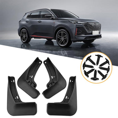 Black 4-piece car splash flap set with mounting screws and wheel fender guards