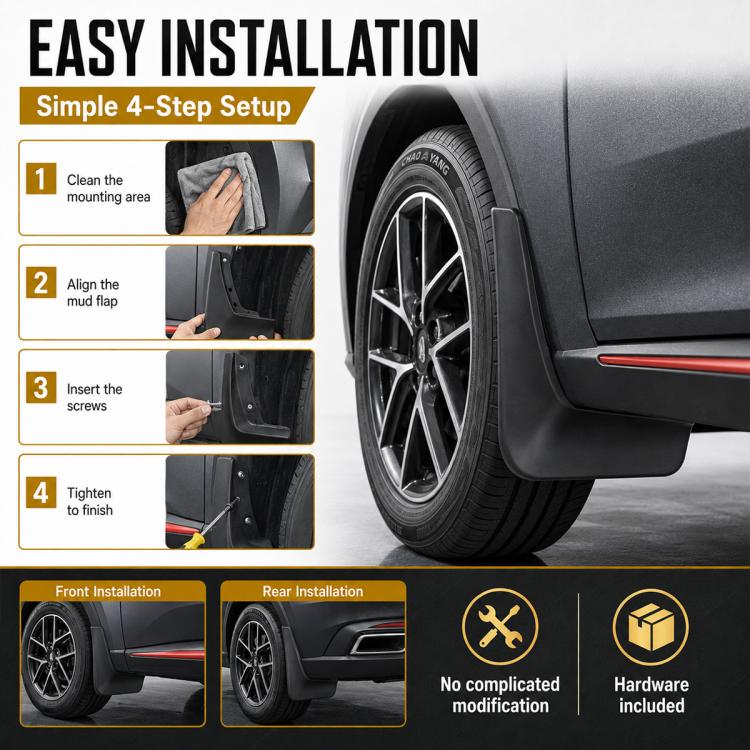 Black car splash flap set with simple 4-step installation hardware