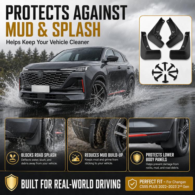 Black mud and splash flaps for wheel fenders, four-piece protective guards