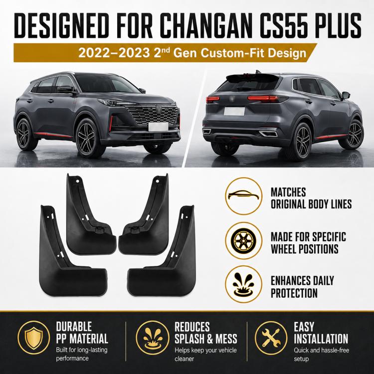 Black custom-fit mud flaps set for wheel fenders, four durable guards