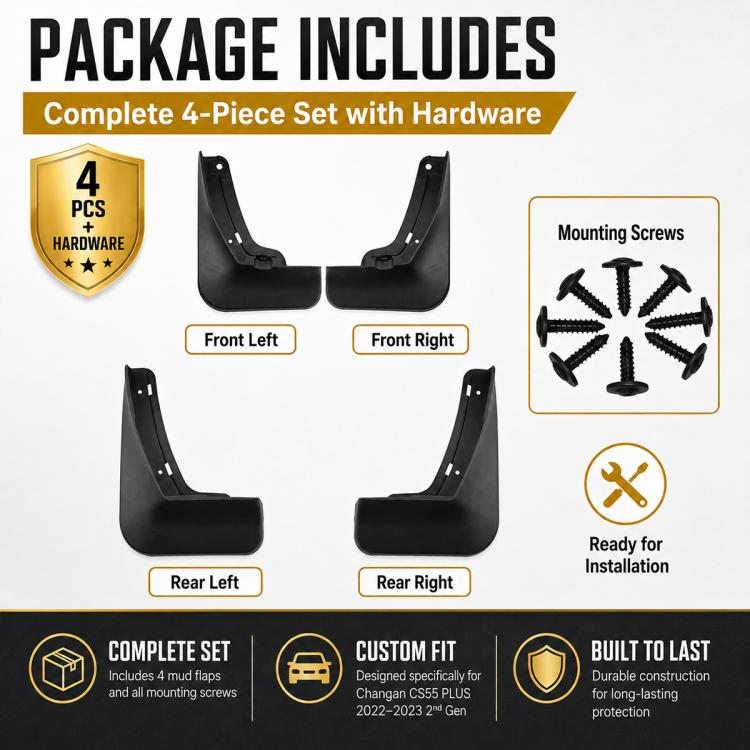 Complete 4-piece splash flap set with mounting screws included