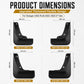 Four black front and rear mud flaps with product dimension measurements