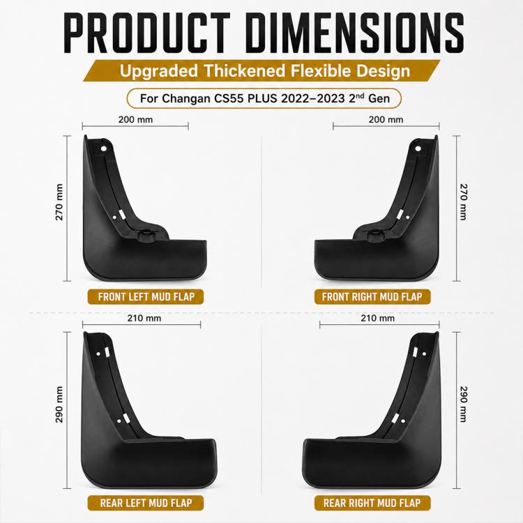 Four black front and rear mud flaps with product dimension measurements
