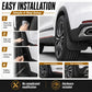 Black splash flap guards for wheel protection, shown with simple installation steps