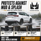 Black mud and splash flap guards with screw-on mounting tabs for wheel areas