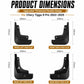 Four black mud flaps with visible dimensions for front and rear positions