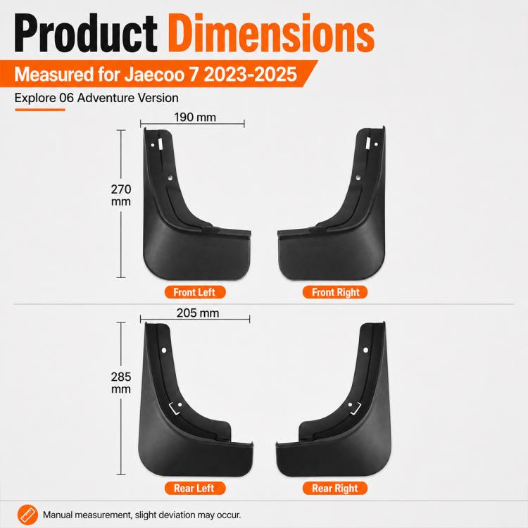 Black molded splash flaps with front-left, front-right, rear-left, rear-right sizes