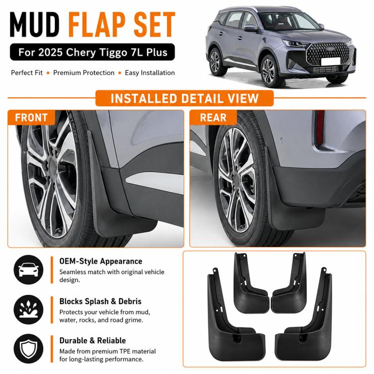 Installed mud flap set shown near front and rear wheel areas on a car