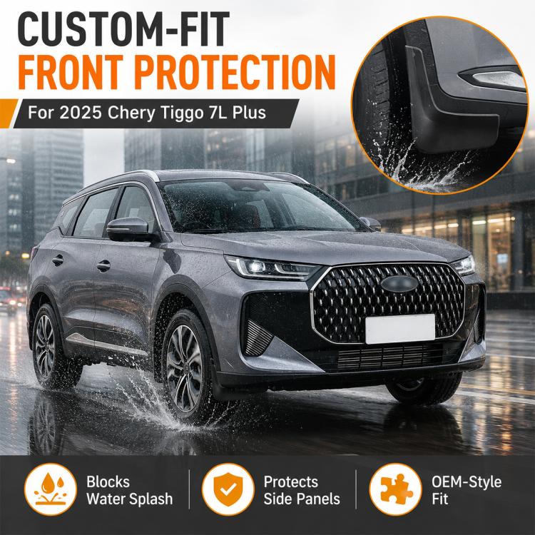 Front mud flap set installed on a car, custom-fit curved black fender guards