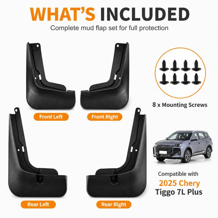 Complete mud flap set: four black flaps and 8 mounting screws