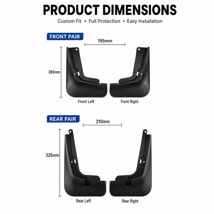 Product dimensions for front and rear pair black mud flaps with mm measurements
