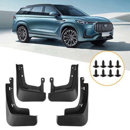 Set of four black car mud flaps with mounting holes and screw fasteners inset