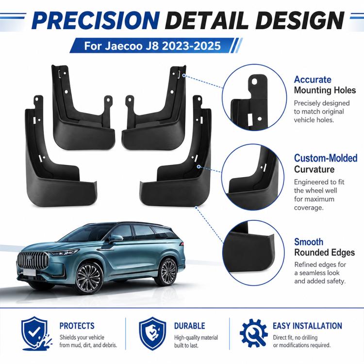 Four black mud flaps with smooth rounded edges and pre-drilled mounting holes