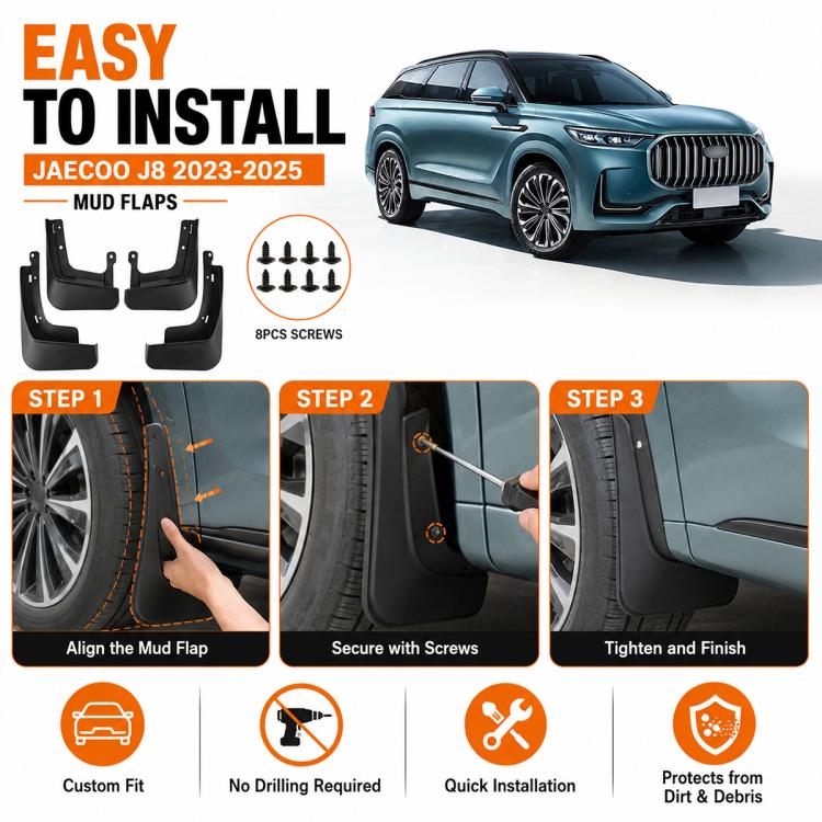 Black mud flap guards set with included screws and mounting hardware