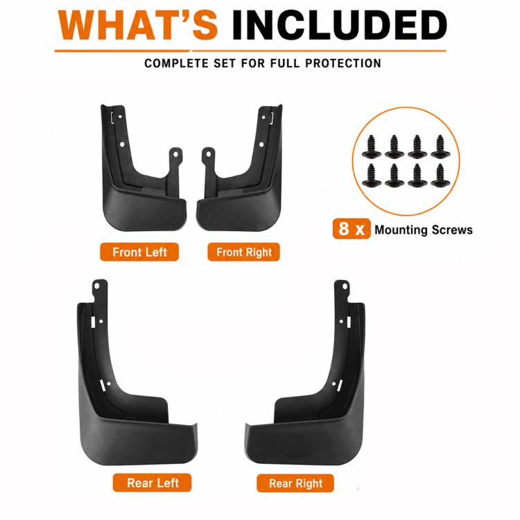 Four black mud flaps for front left/right and rear left/right with mounting screws