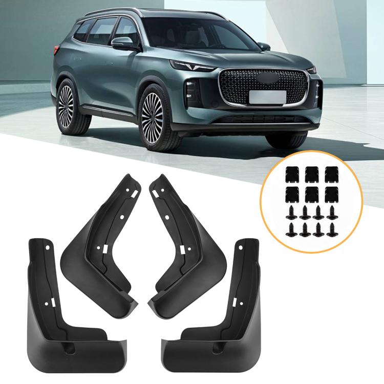 Car splash flap set, four black fender guards with mounting holes and clips