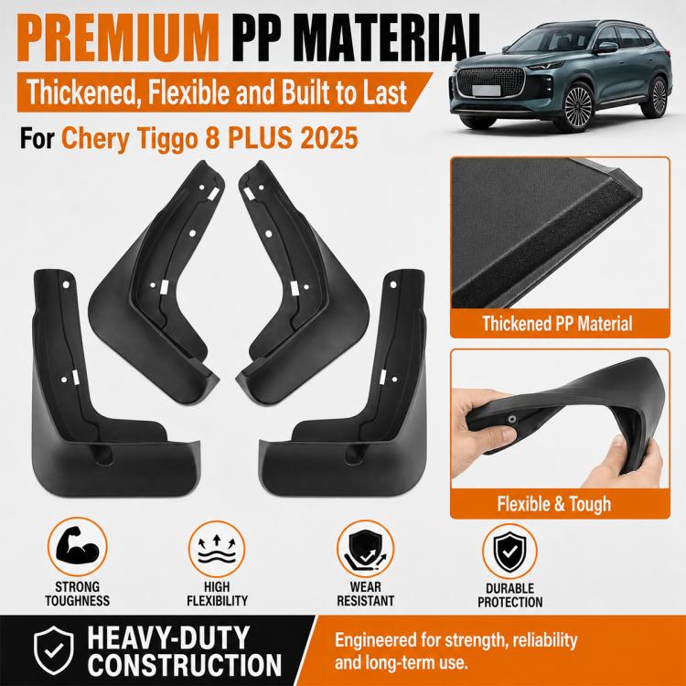 Four black splash guards with thick textured surface and mounting holes