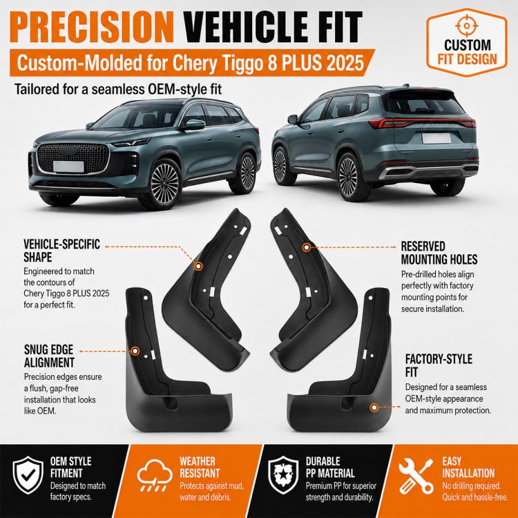 Custom-fit black mud flaps set, front and rear guards with mounting brackets