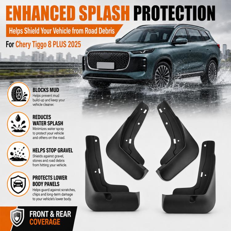 Black front and rear mud flaps pair, splash guards with mounting holes