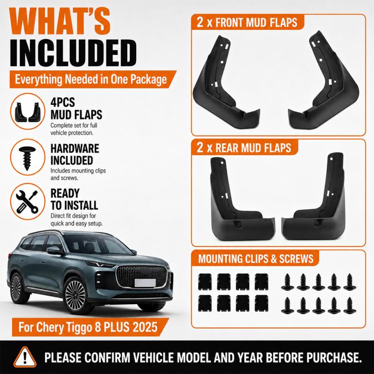 4-piece black mud flap set with clips and screws for front and rear flaps