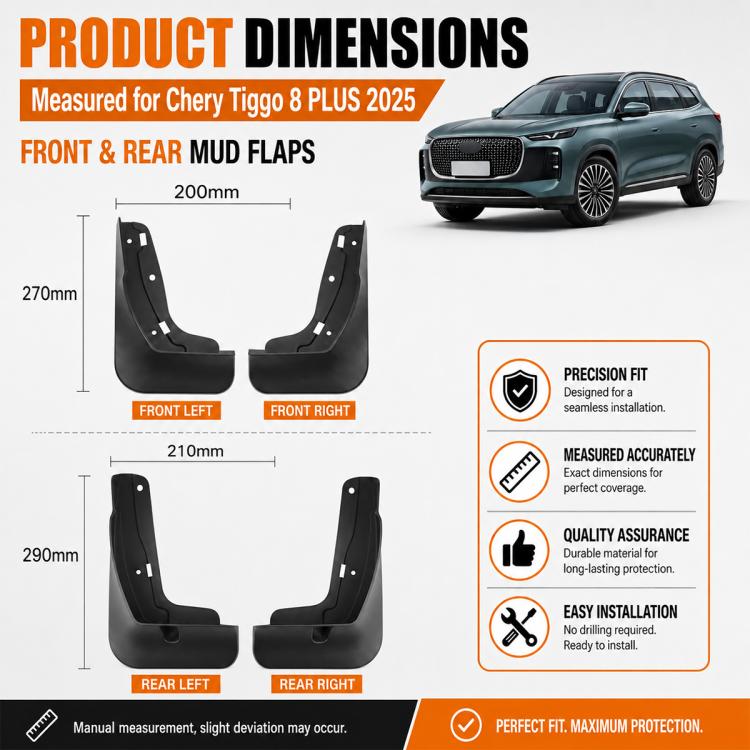Black front and rear mud flaps, left and right guards with mounting tabs