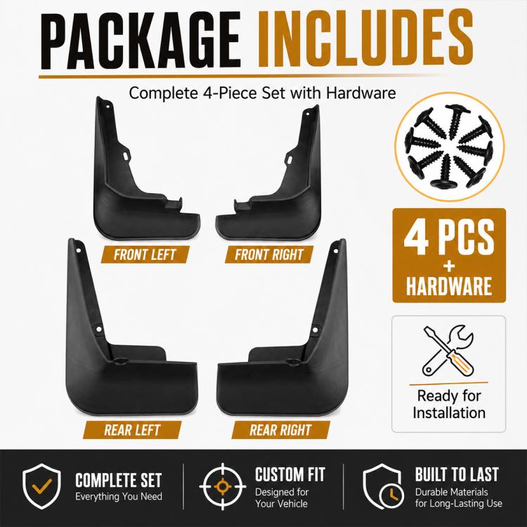 Four black splash flaps with included screws, complete mounting kit