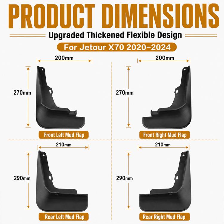 Black mud flap set shown with size diagram for front and rear pieces