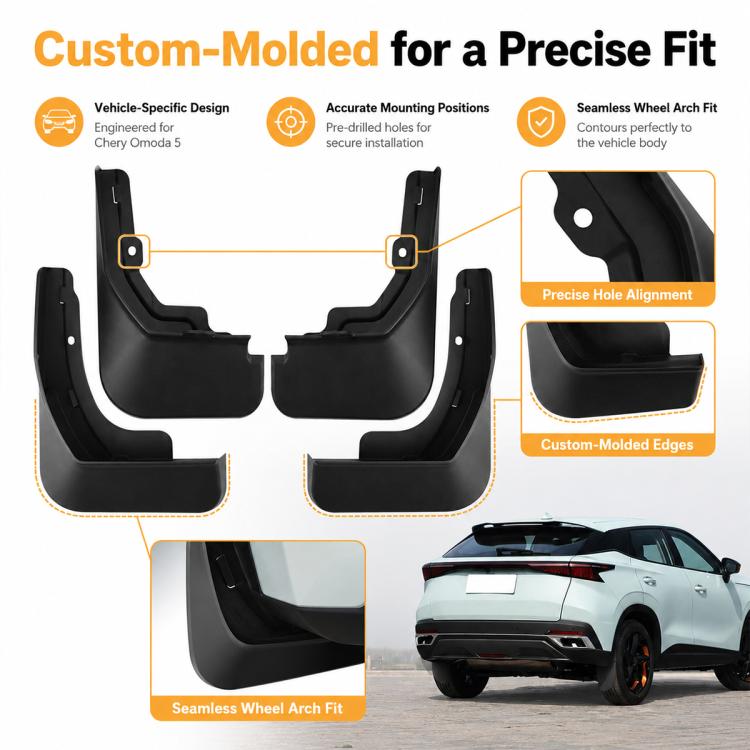 Black molded wheel splash flaps for precise fit, front pair layout