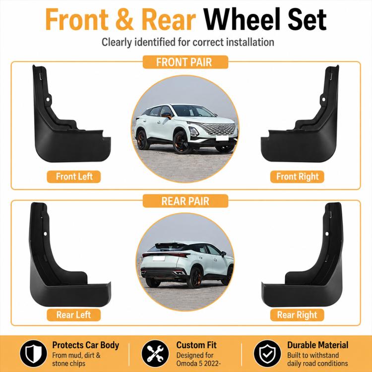 Black front and rear wheel splash flap set, four molded mud guards
