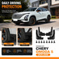 Black installed wheel splash flaps with screws on front and rear wheels