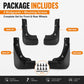 Four-piece black front and rear mud flap set with mounting screws