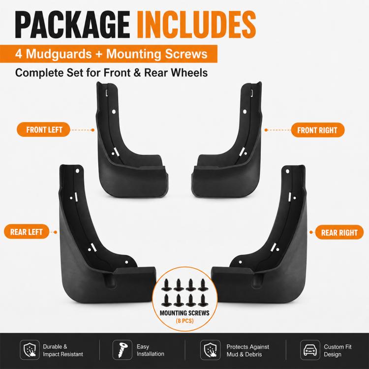 Four-piece black front and rear mud flap set with mounting screws