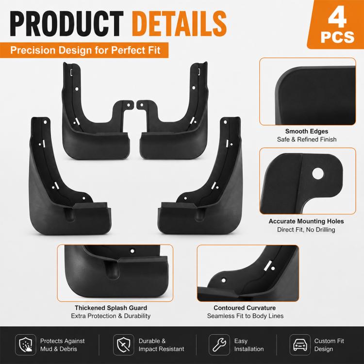 Black mud flap set showing contoured splash guards and mounting holes