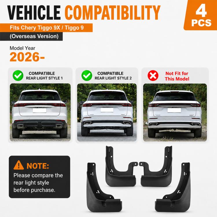 Black mud flap set with vehicle compatibility layout, 4-piece