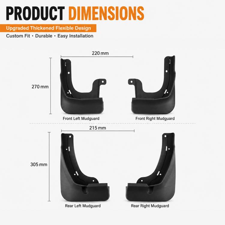 Black mudguard set with size measurements for front and rear flaps