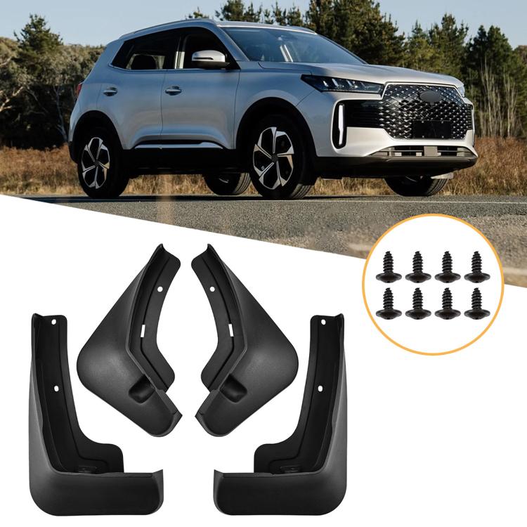 Set of four black car mud splash flaps with mounting holes and textured surface