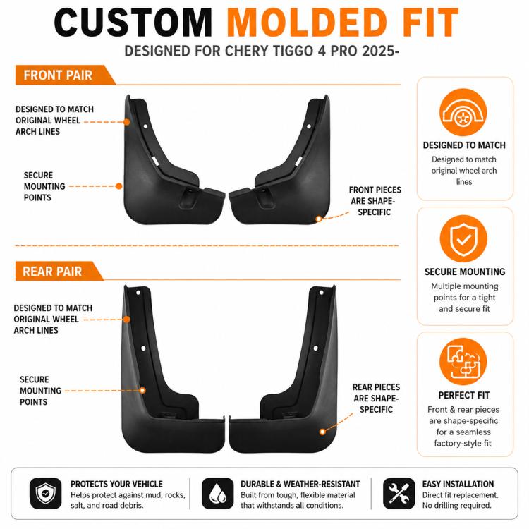 Custom-fit front and rear mud flap set diagram, four black plastic flaps