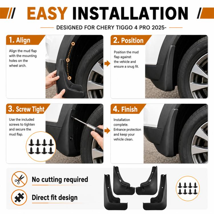 Black mud flap set with installation sequence, secure fit for wheel arches