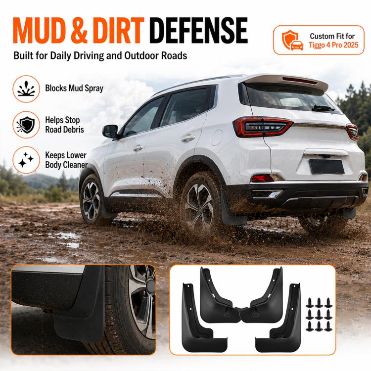 Black splash flaps on an SUV with off-road mud spray, four-piece accessory set