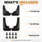 Included set: four black mud flaps plus mounting screws, front and rear pieces